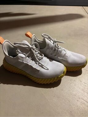adidas White Knit Kids Sneakers with Yellow Sole and Orange Heel Tab